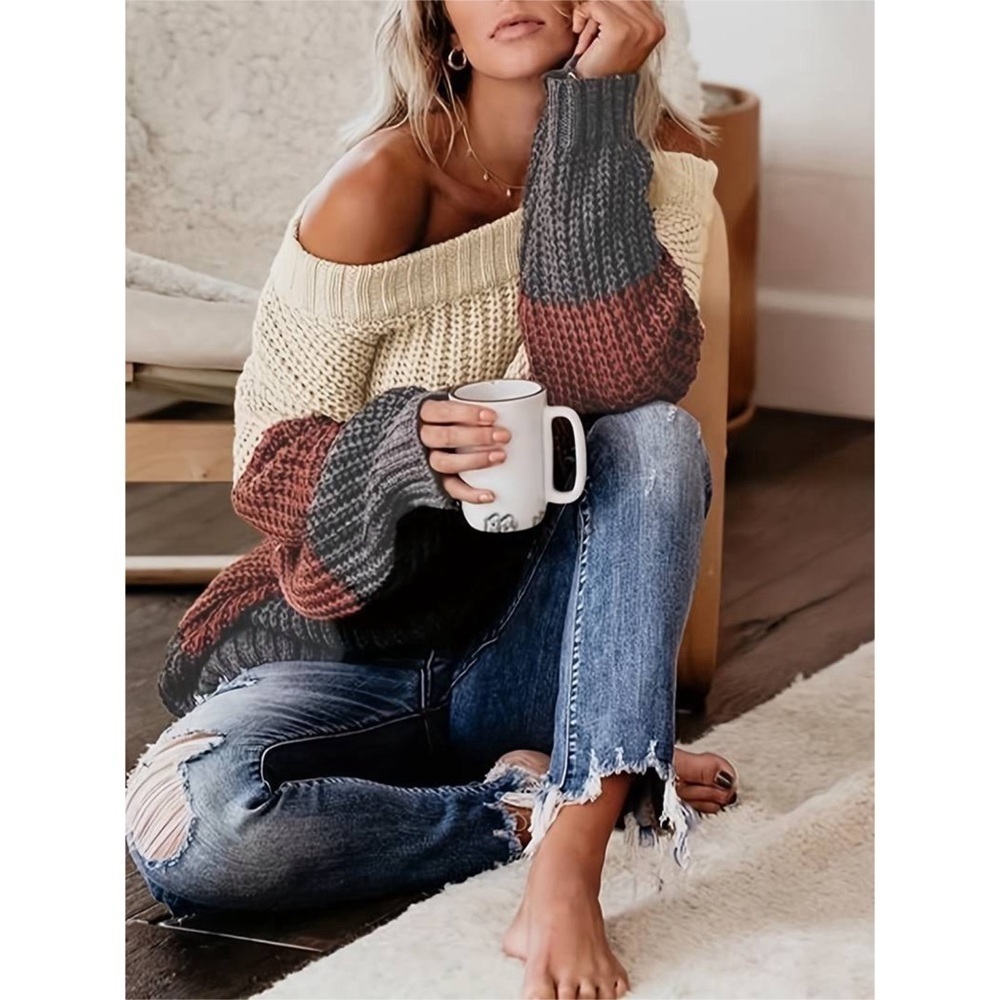 LAST 1! Gorgeous Off Shoulder Oversized Color Block Knit Sweater! - Picture 3 of 8